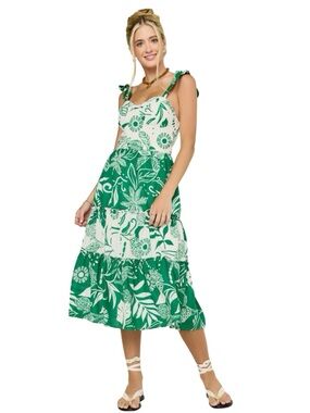 FRANCESCA’S Bonnie Green & White Color Block Floral Midi Dress Size XS